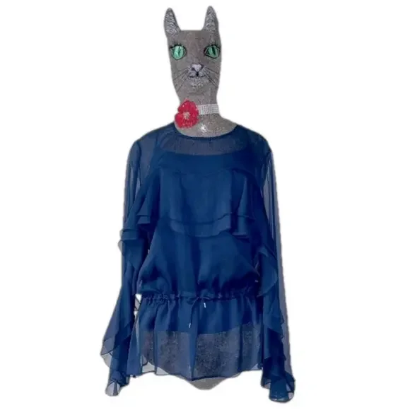 See By Chloe Sheer Navy Ruffle Blouse w/ Cami Top Boho Romantic Medium - Picture 10 of 17